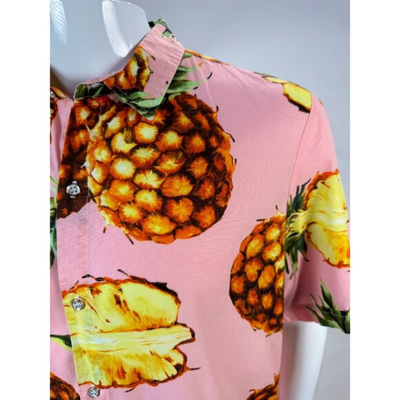 SSLR Mens Pineapple Print Short-Sleeve Button-Down Shirt L Cotton Tropical Hawai - Picture 2 of 16